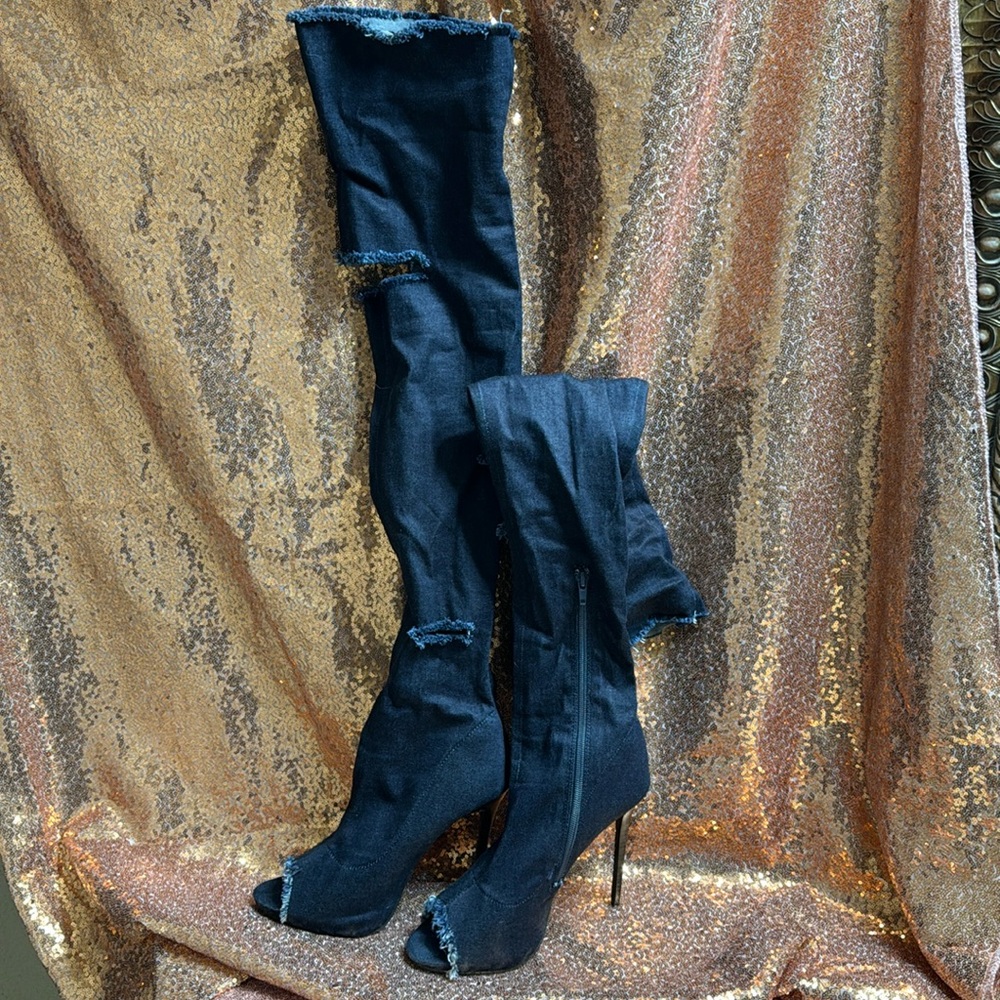 Thigh high denim distressed heeled peep toe boots